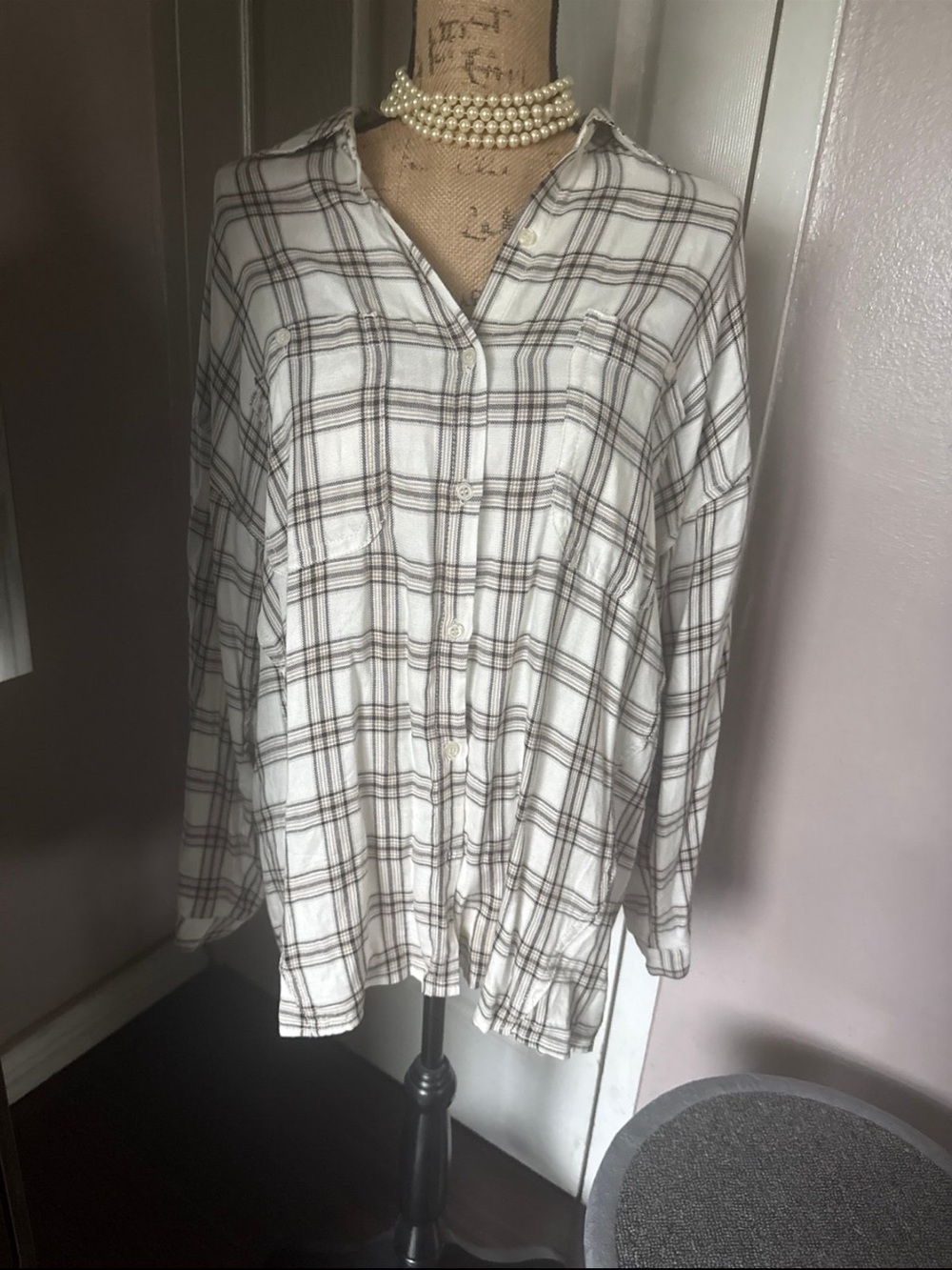 Max Studio White Plaid Button-Down Shirt